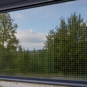 Lintuturvakuvio lasiin – valkoiset pisteet Valkoinen lintuturvakuvio ikkunan lasipinnassa