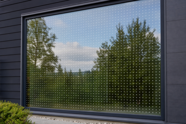 Valkoinen lintuturvakuvio ikkunan lasipinnassa